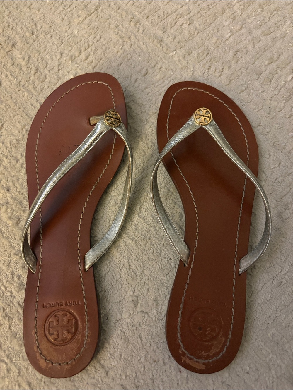Tory Burch Brown Leather Footbed Sandals with Silver Straps
